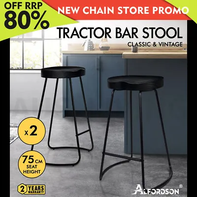 $144.79 • Buy ALFORDSON 2x Bar Stools 75cm Tractor Kitchen Wooden Vintage Chair Black