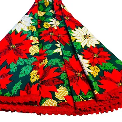 Vintage Cotton Poinsettia Round Christmas Tree Skirt 52  Across • $15.99