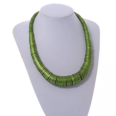 £13.99 • Buy Graduated Button Wooden Beaded Chunky Necklace In Glitter Green/ 57cm Long