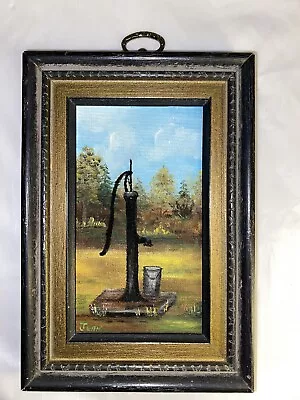 Water Hand Pump Bucket Country Farm Art Miniature Painting Signed Jean • $29