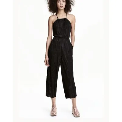 H&M Divided Pleated Ruffle Halter Jumpsuit Black Crop Wide Leg Stretchy Womens 4 • $30.59
