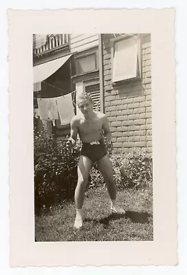 # 4 Vintage Photo Swimsuit Frat Boy Man Backyard Posing Snapshot Gay • $14.95