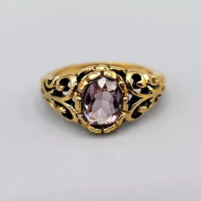 Vintage 18k HGF Oval Cut Amethyst Glass Ornate Scroll Dome Ring Sz 4.25 • $36.56