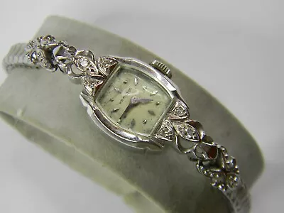 Vintage Hamilton 22j 14k White Gold 6 Diamond Ladies Watch Wgf Band - Runs Fast • $295