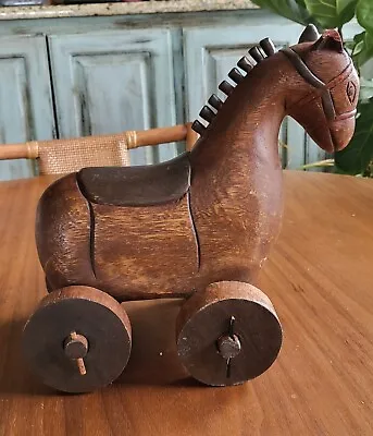 Antique Vintage Old Wooden Hand Carved Trojan Horse Rolling Pull Toy On Wheels  • $68