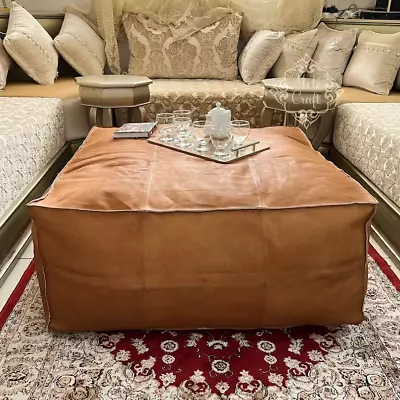 Moroccan Vintage Square Natural Genuine Leather Ottoman Footstool Pouffe Boho • $152
