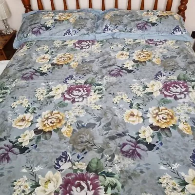 M&S King Size Duvet Cover Set Blue Floral Print Ivory & Purple 100% Cotton  • £24