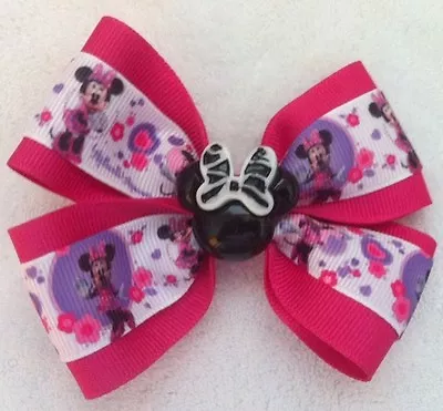 Girls Hair Bow 4  Wide Minnie Mouse Ribbon Black Minnie Flatback French Barrette • $6.99