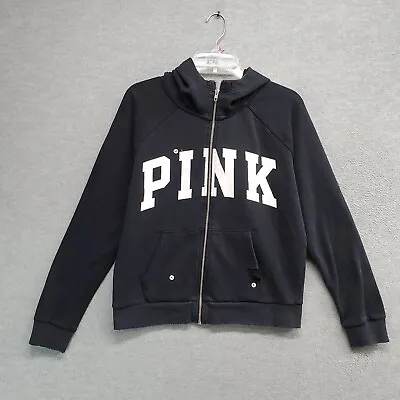 PINK Victoria's Secret Women Sweatshirt Medium Black Hoodie Logo Full Zip READ • $9.99