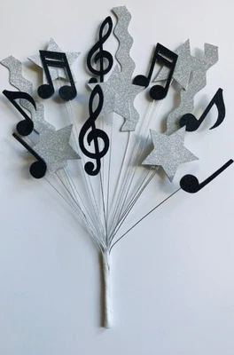 £8.99 • Buy Glitter Sparkly Paper MUSIC NOTES CAKE TOPPER SPRAY BURST BLACK/SILVER Craft