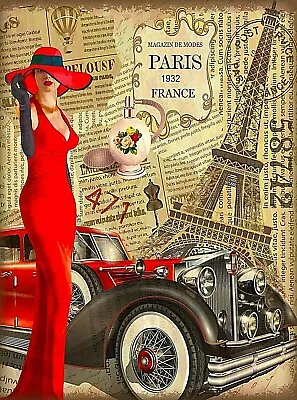 1932 Paris France Eiffel Tower Girl Car Retro Travel Art Deco Poster Print • $10.49