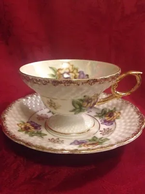 Vintage Ucagco Violets Basketweave Porcelain Luster Cup Saucer • $14.99