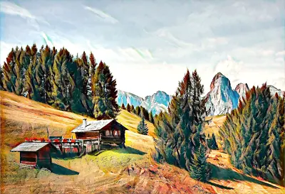 £6.74 • Buy Mountain Trees Cabin Painting Style Canvas Picture Poster Print Unframed #2215