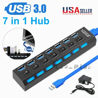 USB 3.0 Hub 7 Port On/Off Switch High Speed Splitter AC Adapter Cable PC Laptop • $13.25