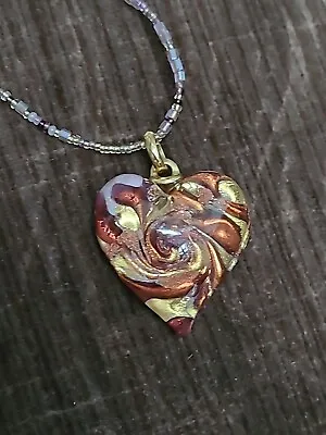 Murano Italy HEART Venetian Glass Blown Beaded Pendant Necklace 17-19  Signed • $36.75