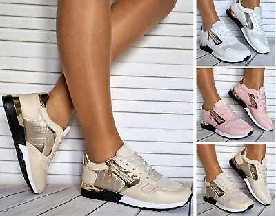 Ladies White Pink Beige Sneakers Zip Detailed Trainers Lace Up Pumps Shoes  Size • £15.99