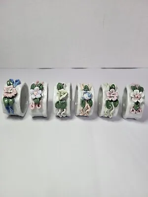 Set Of 6 Vintage Porcelain Floral Napkin Rings Ribbon Pastel Spring Feminine • $14.99
