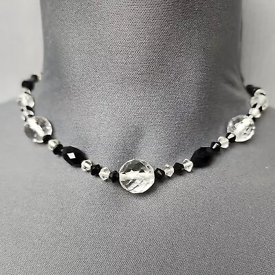 Vintage Faceted Crystal French Jet Black Glass Bead Necklace 16.5  Germany  • $32