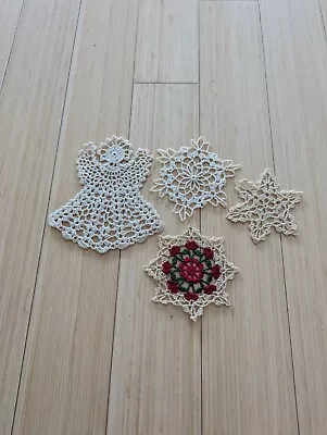 4 Vintage Small Crochet Christmas Doilies Tea Stained White Red Green Angel Snow • $12.99