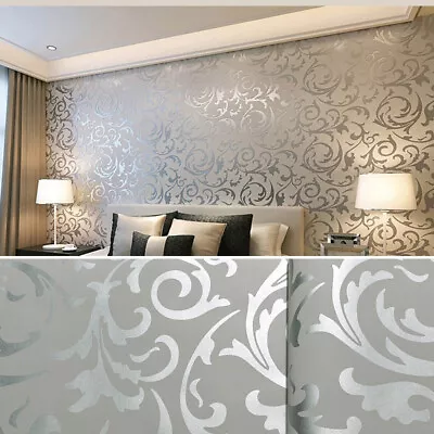 10m Gloss Embossed Wallpaper Damask Textured White Silver Vinyl Metallic Glitter • £8.95