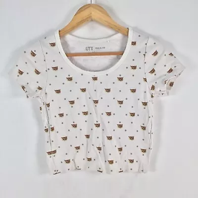 Uniqlo Paul And Joe Womens Crop T Shirt Size S White Cat Print Short Slv 080003 • $12.92