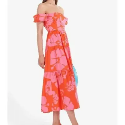 $199.99 • Buy RARE NWT STAUD Elio Midi Off Shoulder Tiered Cotton Dress SZ 8 Red Hibiscus $285