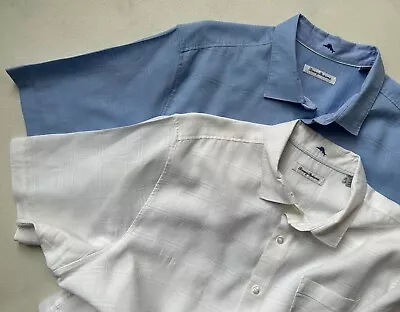 Tommy Bahama Linen Blend Shirt Mens XXL Blue Button Up Short Sleeve Boat Summer • $25