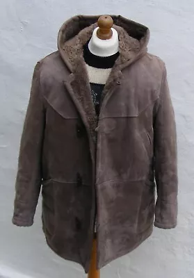 £119.99 • Buy Vtg Mens Sheepskin Shearling Duffle Coat Leather Jacket XL B-3 Grey Brown Hooded