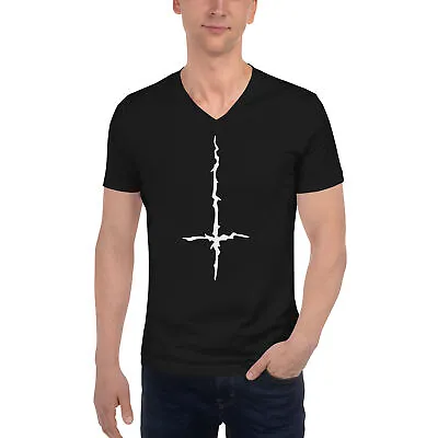 White Melting Inverted Cross Black Metal Unisex Short Sleeve V-Neck T-Shirt • £29.21