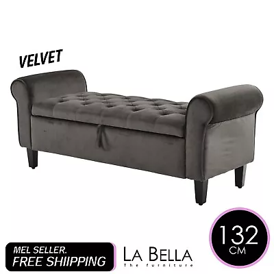 La Bella Storage Ottoman Bench Seat 132cm Chest Arm Couch Stool Velvet - Grey • $227.90