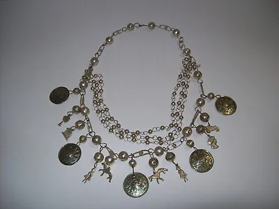 Vintage Nickel Silver Ball Bead Mayan Calendar Charms BOHO Chunky Necklace • $45