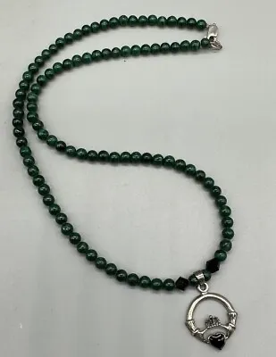 Claddagh Pendant Necklace Sterling Silver Green Malachite Beaded Unisex 16.5  • $33.99