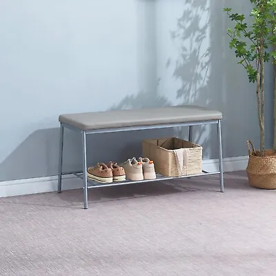 Rectangular Grey Faux Leather Dining Bench With Metal Storage Shelf Shoes Bench • £29.99