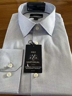 M&S Sartorial Superior Cotton Shirt Size 16.5  Tailored Fit Blue • £29.95