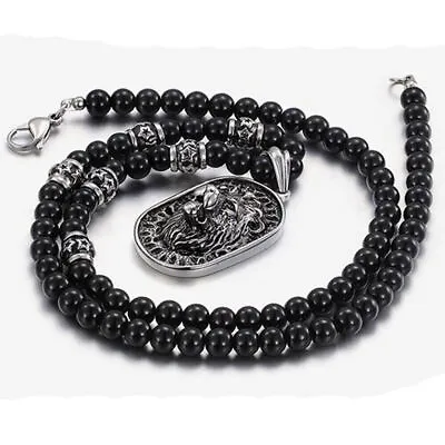 Men's Vintage Stainless Steel Lion Head Shield Pendant Onyx Beads Chain Necklace • $20.38