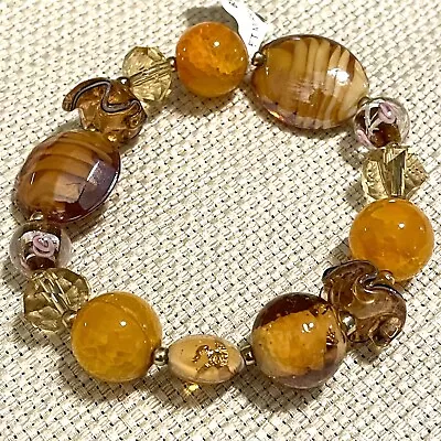 Bracelet Murano Glass Beads Stretch Citrine Orange Gold Tones NWT Vintage • $14.99