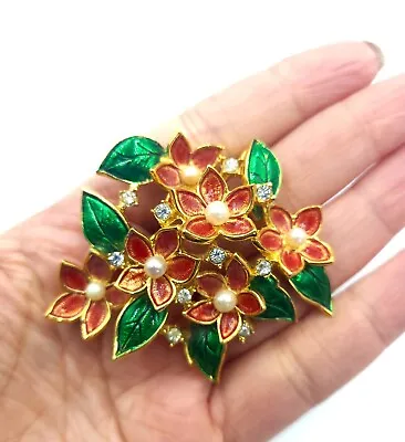 Carven Paris Enamel Flower Cluster Rhinestone Brooch Gold Tone Pin Modele Depose • $155