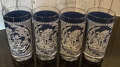 1960s Currier And Ives Blue And White Tumblers  12 Oz Old Grist Mill - Set Of 4 • $34.99