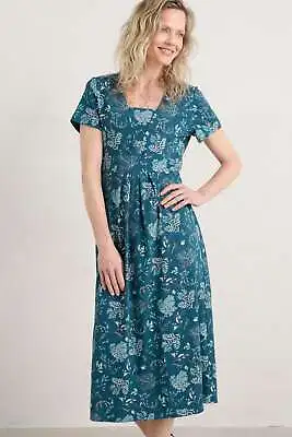 Seasalt Women's Dress - Teal Seed Packet Short Sleeve Midi Dress - Regular - Dri • £23.96