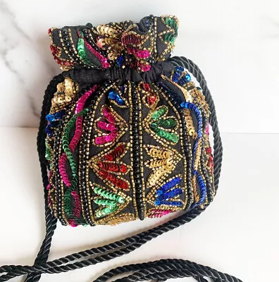 Vintage Malcolm Starr Double Drawstring Purse Bag Beaded Sequins Embellished DR1 • $79.95