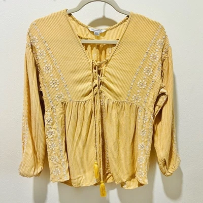 £24.25 • Buy NWT American Eagle Outfitters Mustard Babydoll Peasant Top With Tassels Sz Small