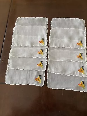 Vintage MADEIRA Embroidered Rooster Organdy Cocktail Napkins~ 8 @ 5  Sq • $25