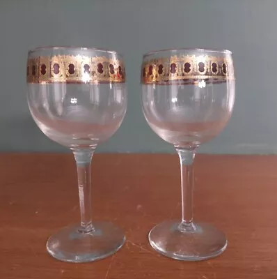 Vintage Culver Valencia Cranberry Scroll 22KT Gold Wine Glasses Set Of 2 • $51