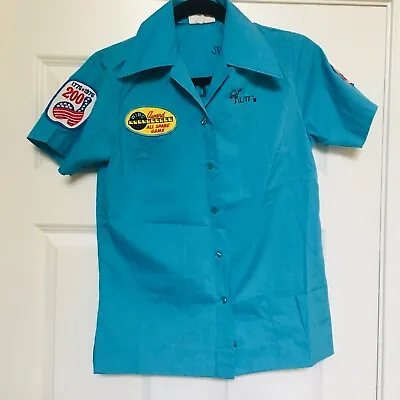 King Louie Vintage Womens Turquoise Blue Bowling Shirt Size 32 1970s • $49.95