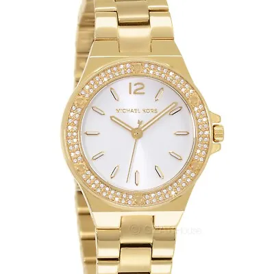Michael Kors Mini Lennox Womens Glitz Watch White Dial Crystals Gold Band • $99.19