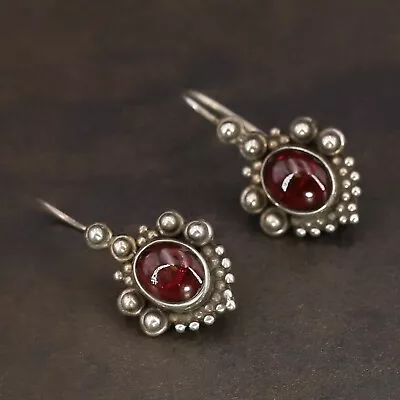 VTG Sterling Silver BALI INDONESIA Garnet Cabochon Pebbled Dangle Earrings - 5g • $3.25