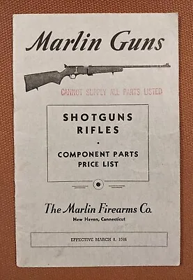 Original Vintage 1946 MARLIN GUNS Component Parts List & Schematics *FREE SHIP!  • $20
