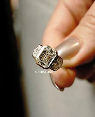 Bezel Set Three Stone 2CT Emerald Cut Moissanite Engagement Ring 14K Yellow Gold • $400