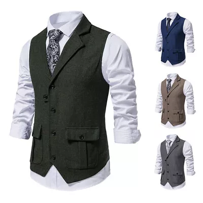 Mens Herringbone Tweed Check Vest Vintage Collar Wool Mix Waistcoat Tailored Fit • £14.99