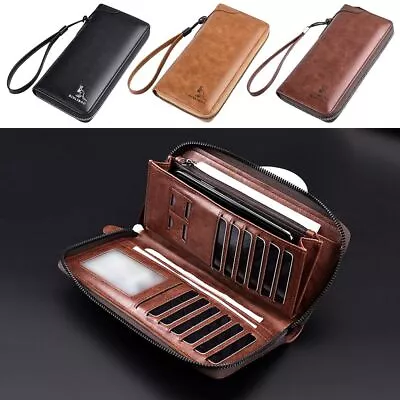 Men's Long Zipper Wallet RFID Blocking Credit Card Holder Purse Leather Bag • $22.54